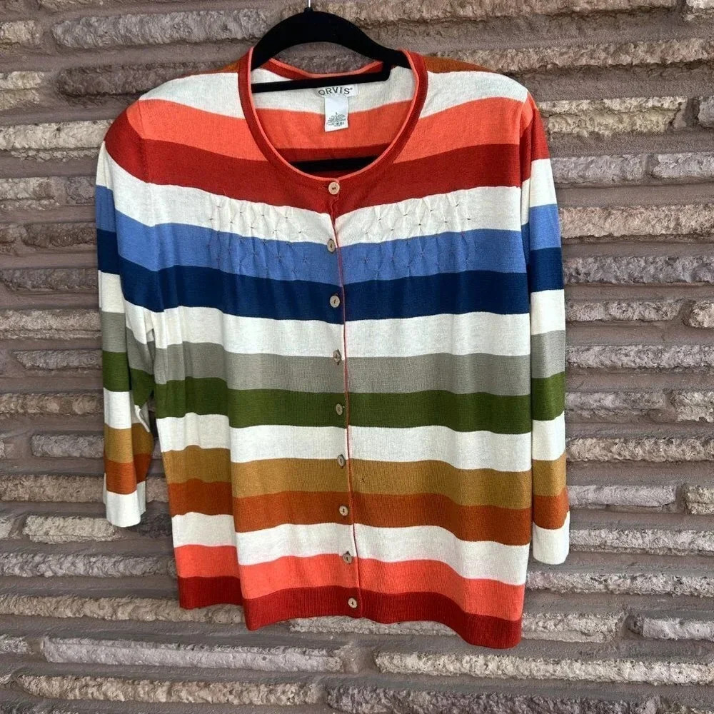 Orvis Colorful Striped Silk Cotton Cardigan Sweater Size Large